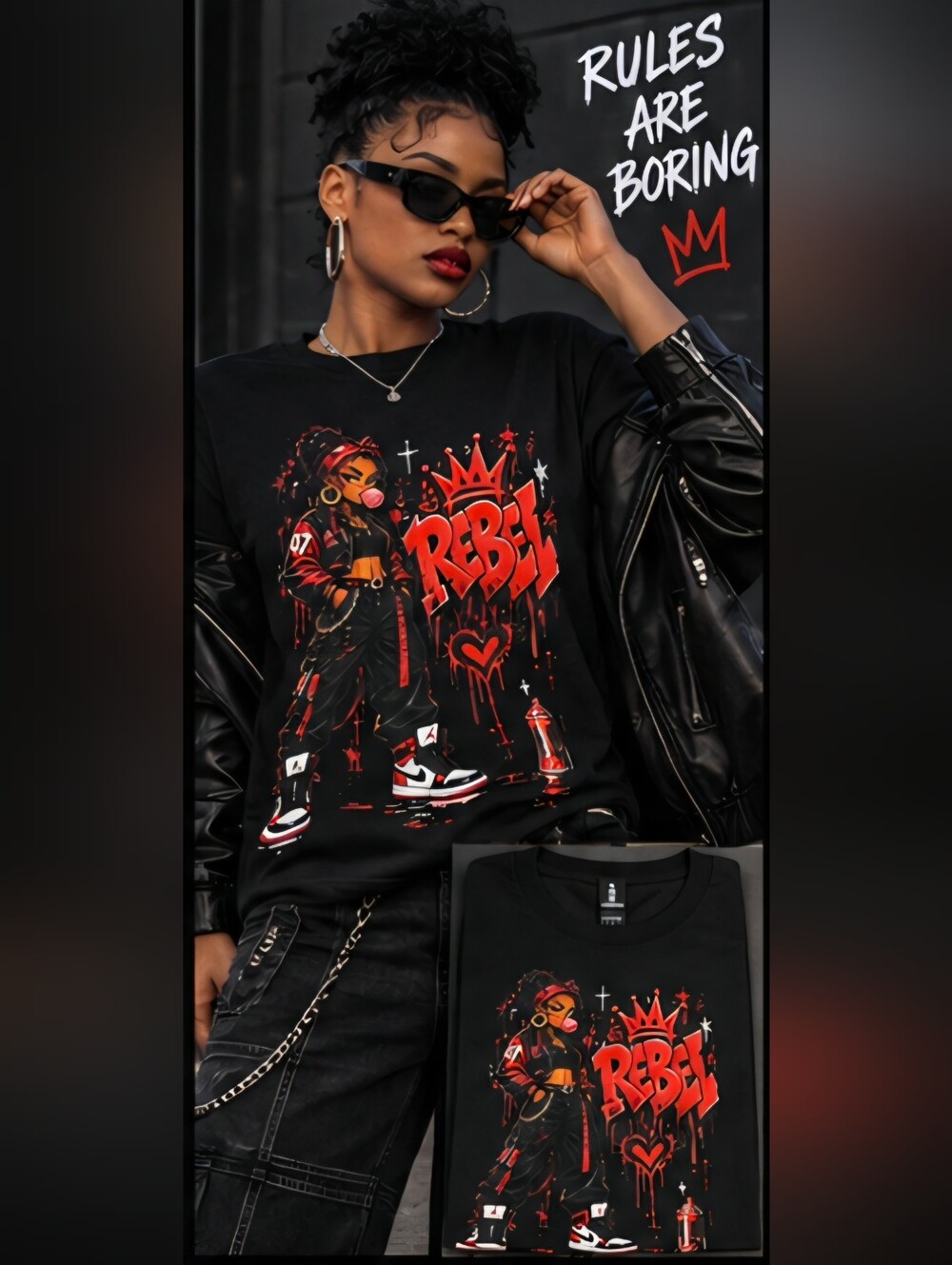 "Custom NWOT"Gildan Black Sweatshirt with Red & White 'Rebel' Street-Art Graphic